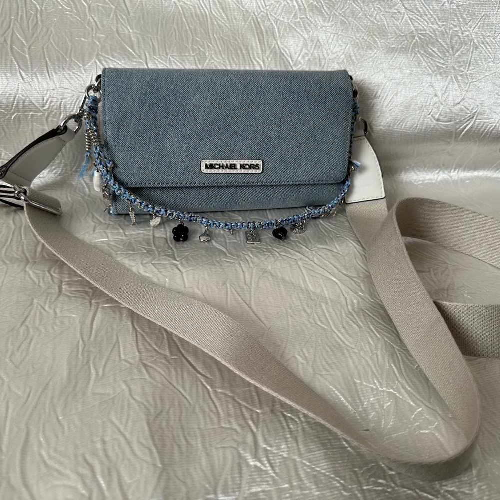 Michael Kors Denim Blue Crossbody Bag with Beige Strap